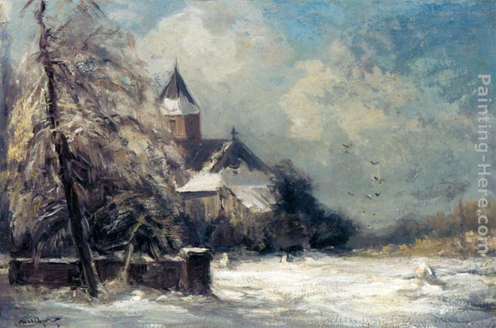 Louis Apol A Church In A Snow Covered Landscape